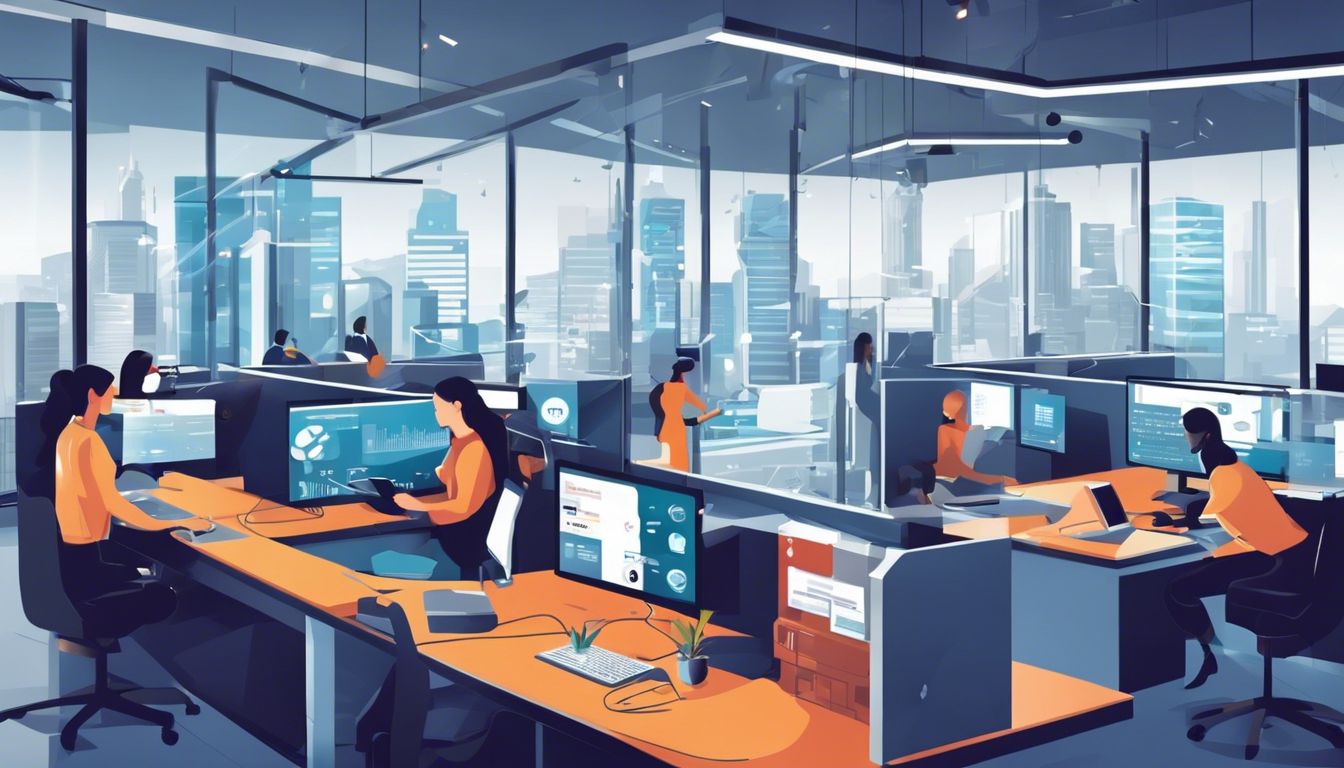 Een moderne contactcenter met meerdere communicatiekanalen en high-tech apparatuur.