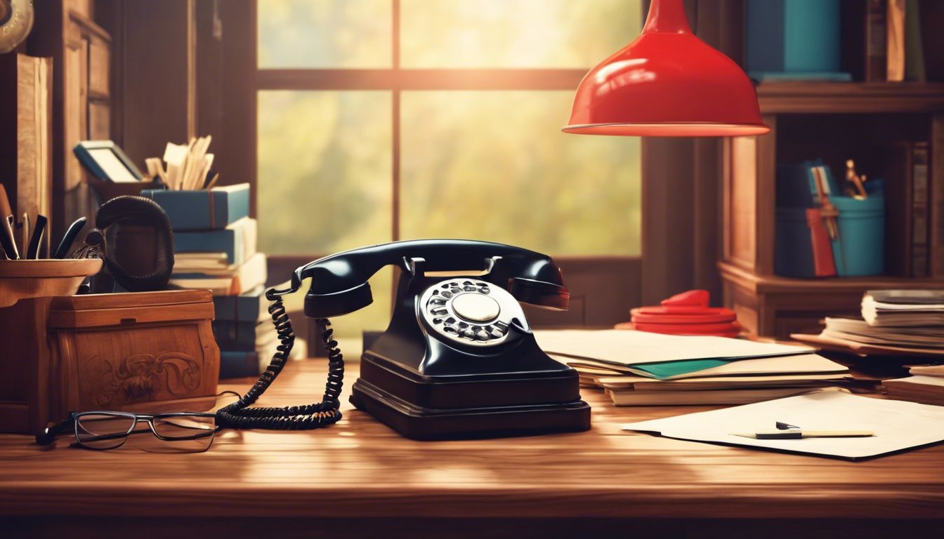 Een retro telefoon rustend op een rommelig houten bureau met vintage uitstraling. Een retro telefoon rustend op een rommelig houten bureau met vintage uitstraling.