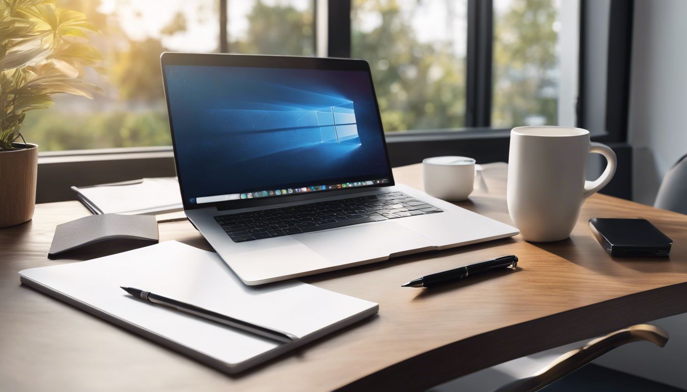 Een moderne werkplek met een bureau, laptop, notitieblok en pen.