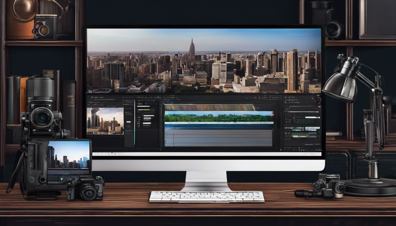 Een camera met bewerkingsgereedschappen op een houten bureau met stadsgezichtfotografie op het computerscherm.