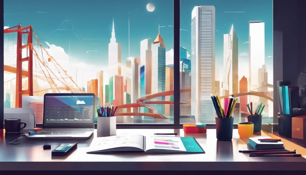 Een groep levendige planningshulpmiddelen op een strak bureau, omringd door stadsgezichtenfotografie.
