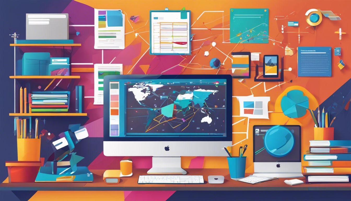 Een computer met open analytics software tabs te midden van kantoorbenodigdheden en luchtfotografie in een georganiseerde chaos.