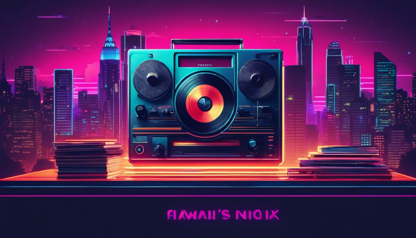 Een klassieke cassettespeler omringd door vinylplaten in een stedelijke omgeving.