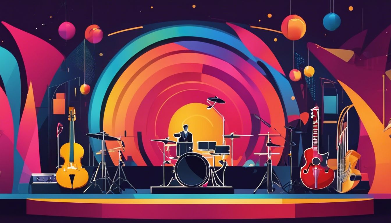 Een podium met muziekinstrumenten, levendige verlichting en beweging zonder mensen.
