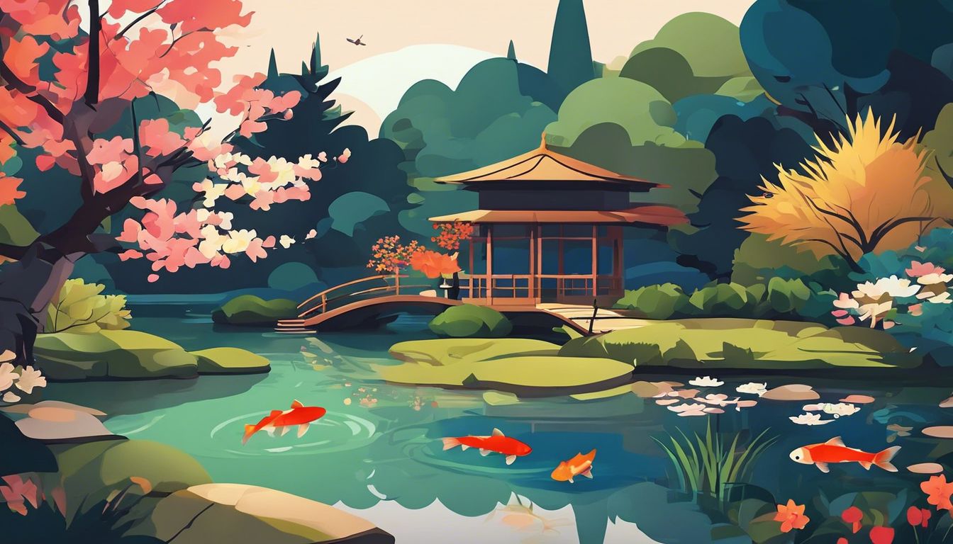Een rustige en vredige tuin met bloeiende bloemen en kleurrijke vijver.