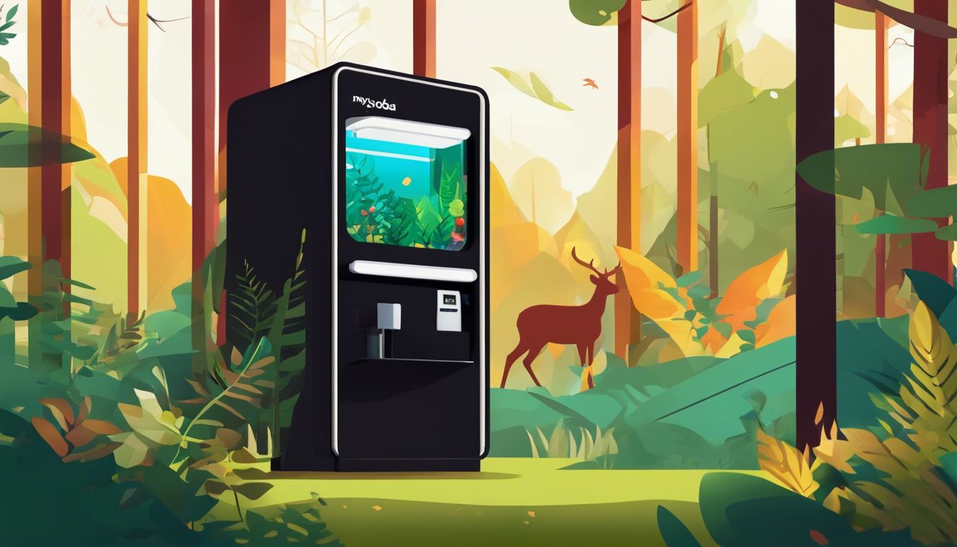 Een MySoda-machine in een rustige boswoning met wilde dieren.