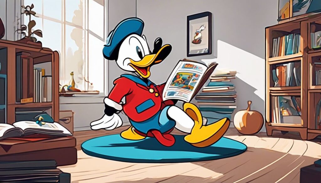 Een creatieve boekenplank met georganiseerde Donald Duck-strips in een huiselijke omgeving.