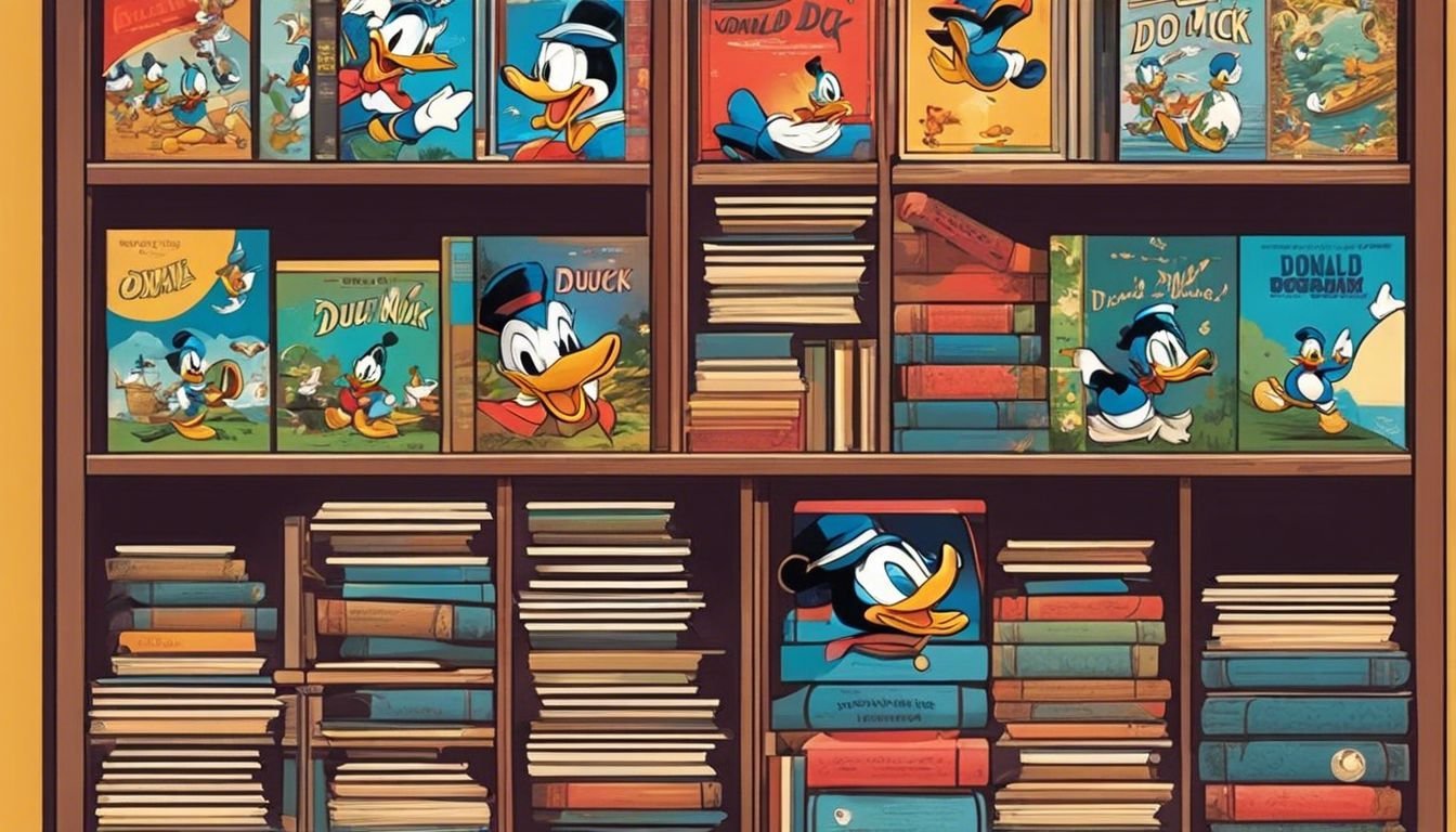 Een georganiseerde verzameling Donald Duck-strips in opbergdozen in een gezellige stripboekenwinkel.