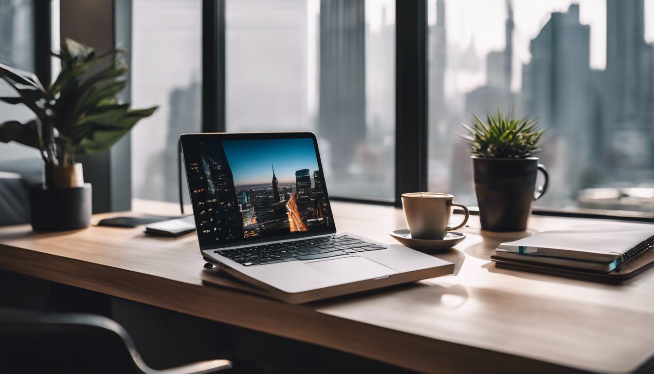 Een comfortabel bureau met laptop, notitieboek en koffie in minimalistic stadslandschap.
