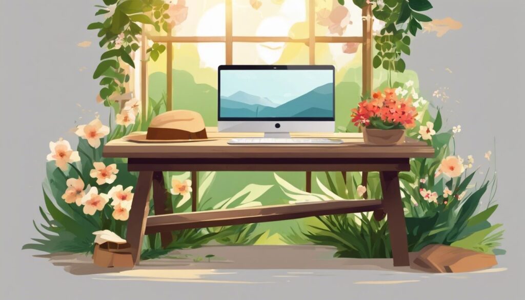 Een laptop rustend op een rustieke houten tafel in een serene tuin.