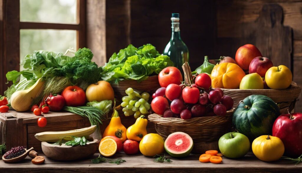 Een verscheidenheid aan biologische producten op een rustieke houten tafel.