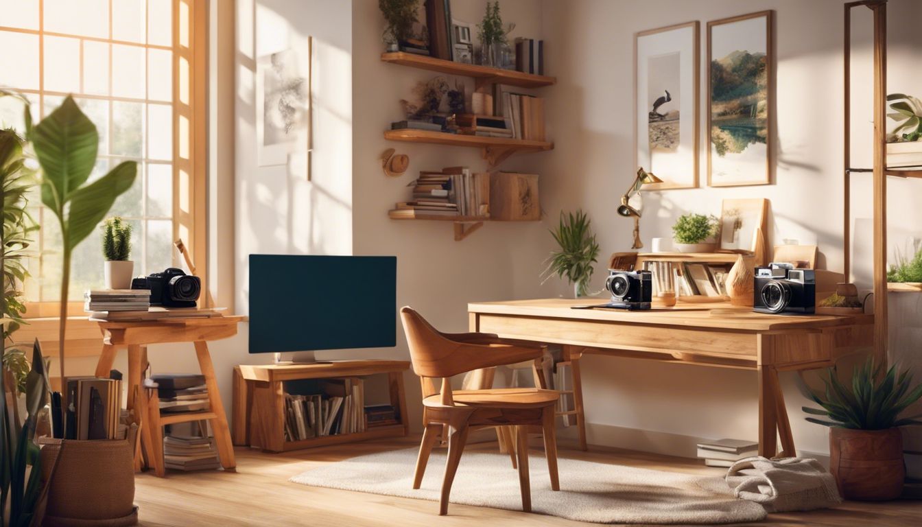 Een huiselijke studieomgeving met natuurlijke fotografie materialen.