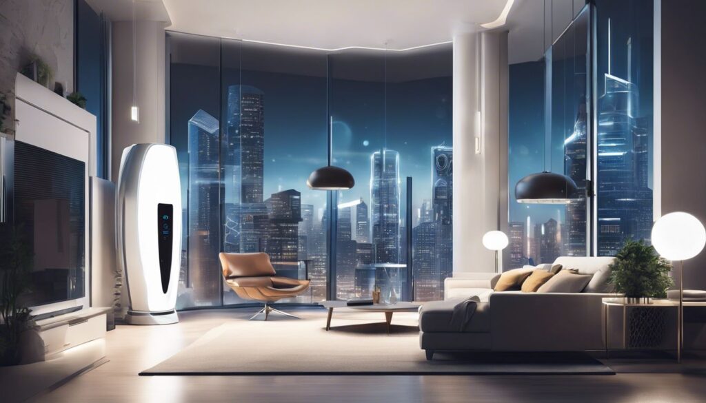 Een slimme thuisassistent omgeven door moderne gadgets en een elegante stadsgezicht.