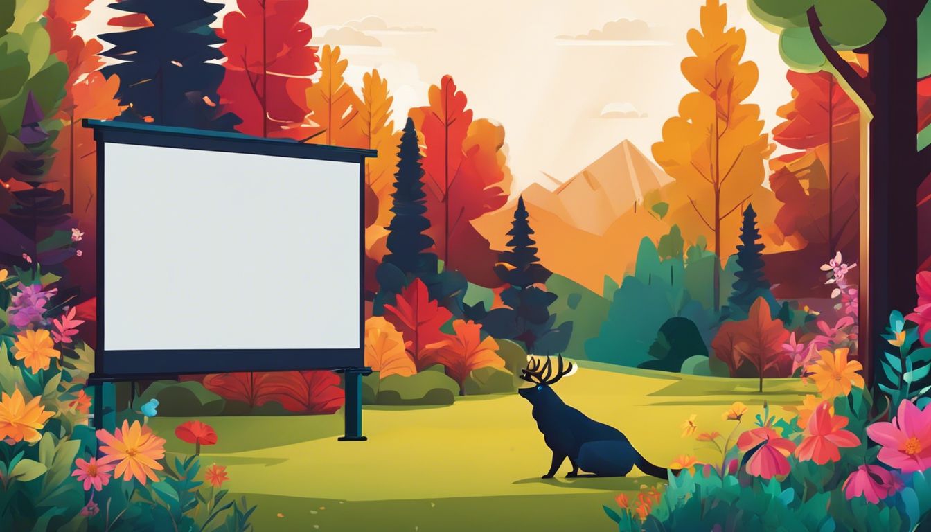 Een buitenprojector projecteert een film op een groot scherm in een levendige achtertuin, omringd door hoge bomen en kleurrijke bloemen, met de nadruk op de betoverende beelden van de natuur en wilde dieren.