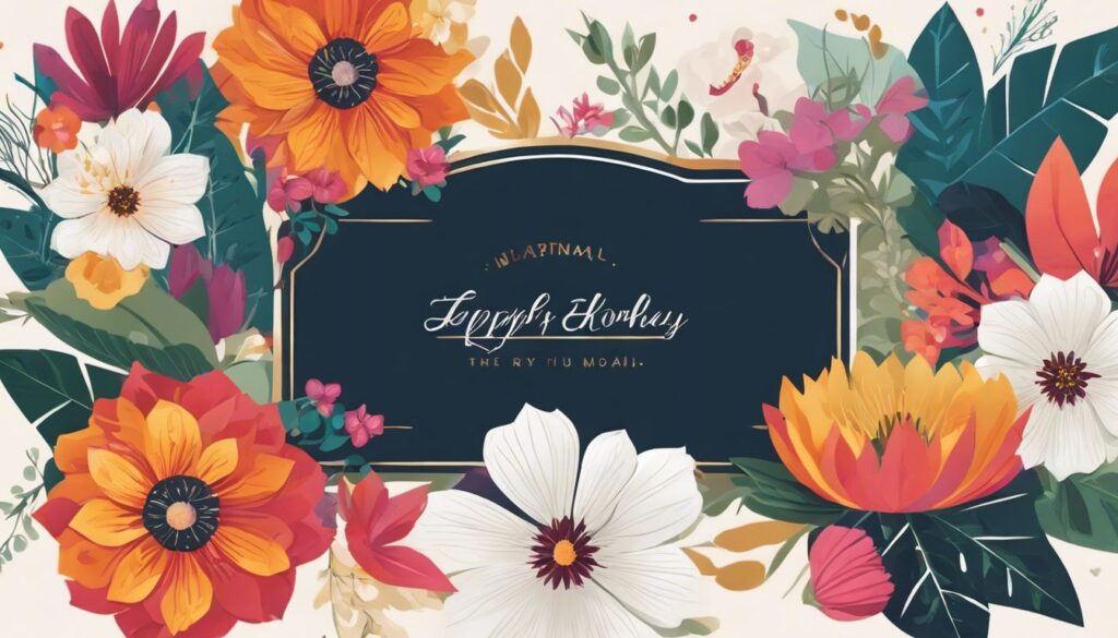 Een prachtig ontworpen groetkaart omringd door bloeiende bloemen.