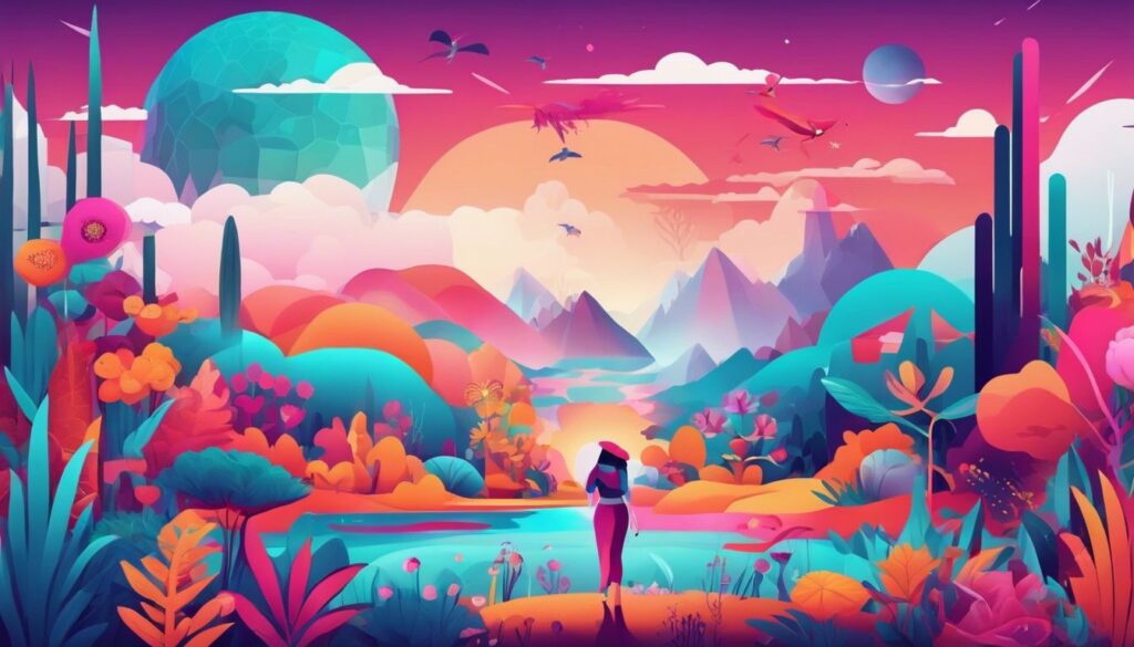 Een kleurrijke virtuele wereld met surrealistische landschappen en diverse flora en fauna.