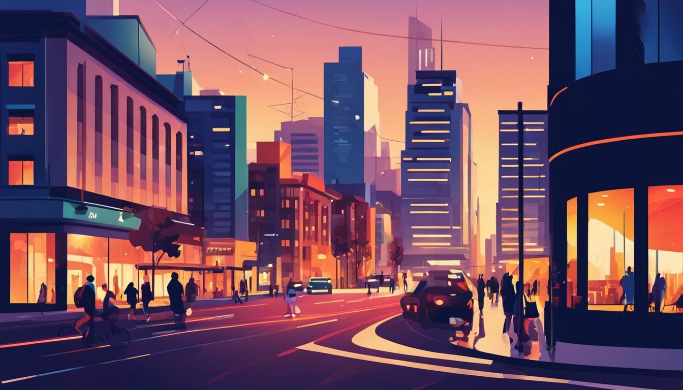 Een drukke stadsstraat in de avondschemering met levendige energie.