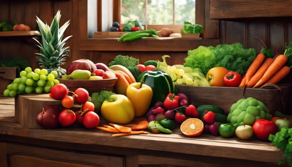 Een variatie aan levendige groenten en fruit op een houten keukenblad.