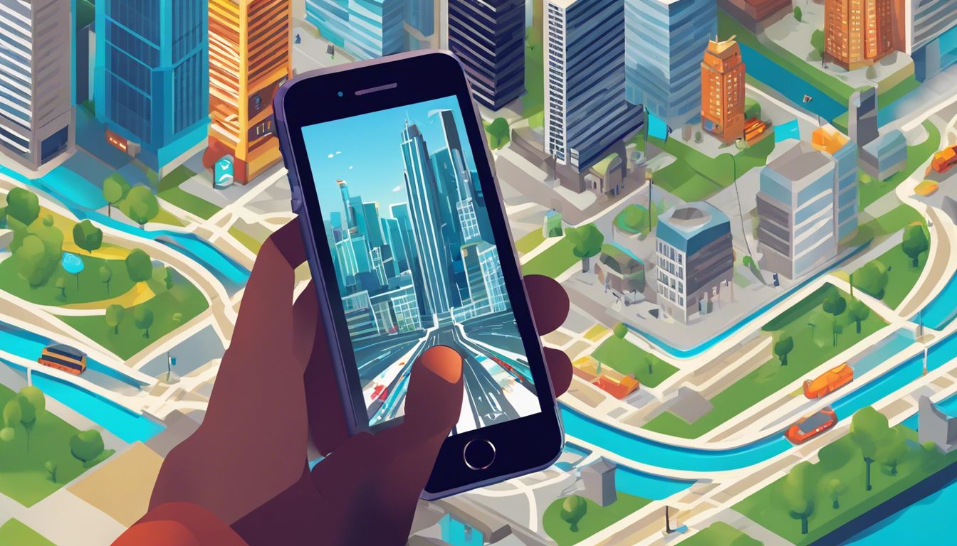 Een kaart- en navigatie-app op een smartphone in een drukke stad.