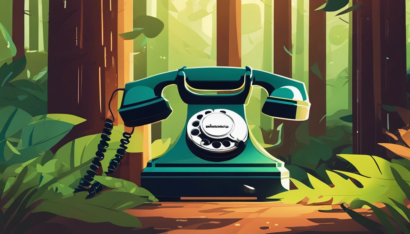 Een ouderwetse telefoon in een rustig bos, omgeven door groen.