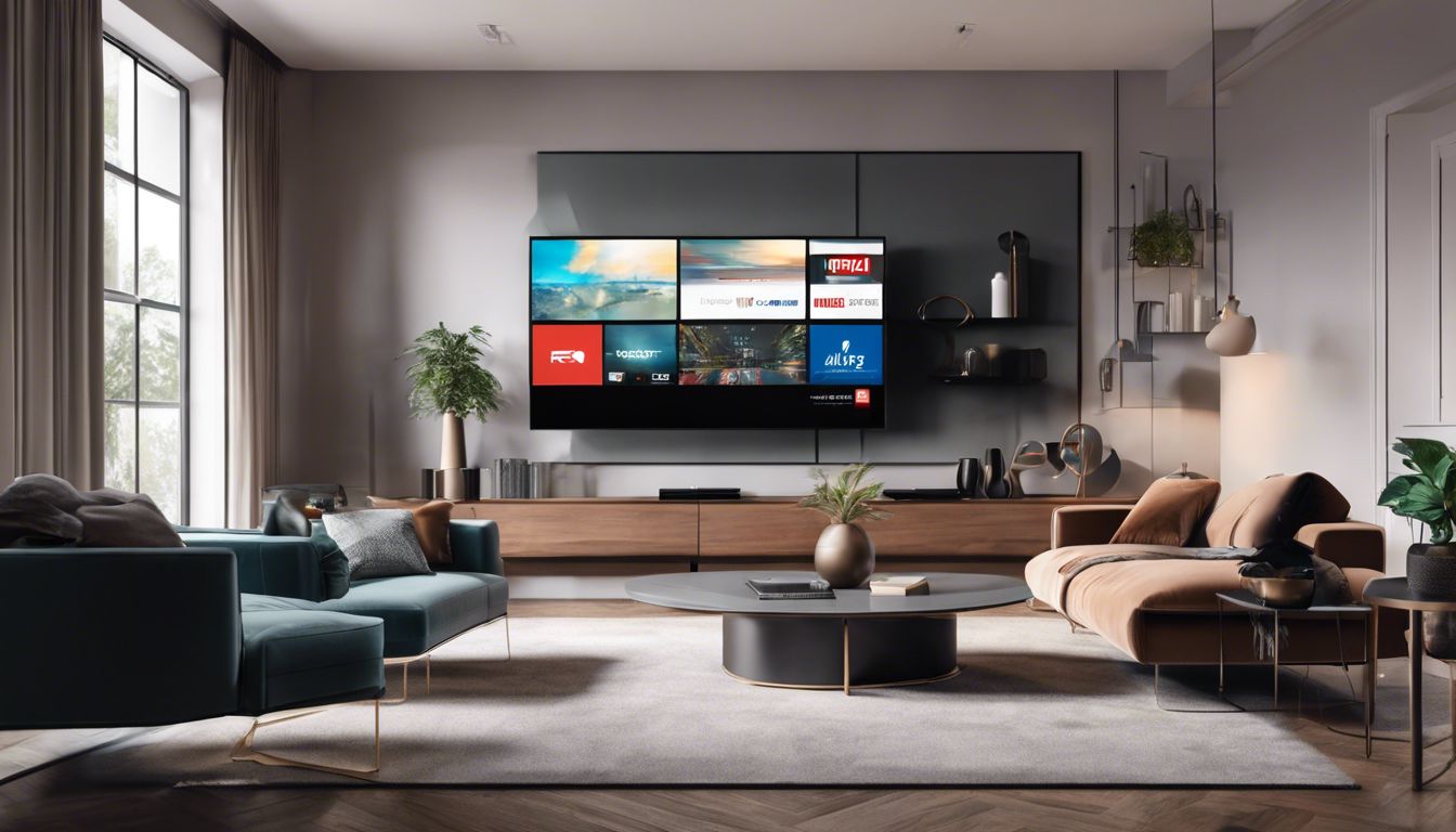 Een stijlvolle, eigentijdse woonkamer met meerdere schermen, moderne meubels en een minimalistische esthetiek.