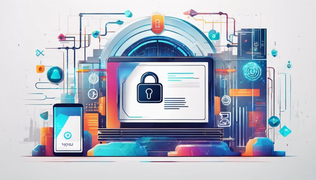 Een close-up van een beveiligd slot op een digitaal apparaat omringd door cyberbeveiligingssymbolen.