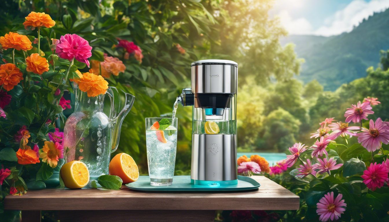 Een Mysoda bruiswatermaker met een gevulde glazen karaf, omringd door een weelderige tuin.