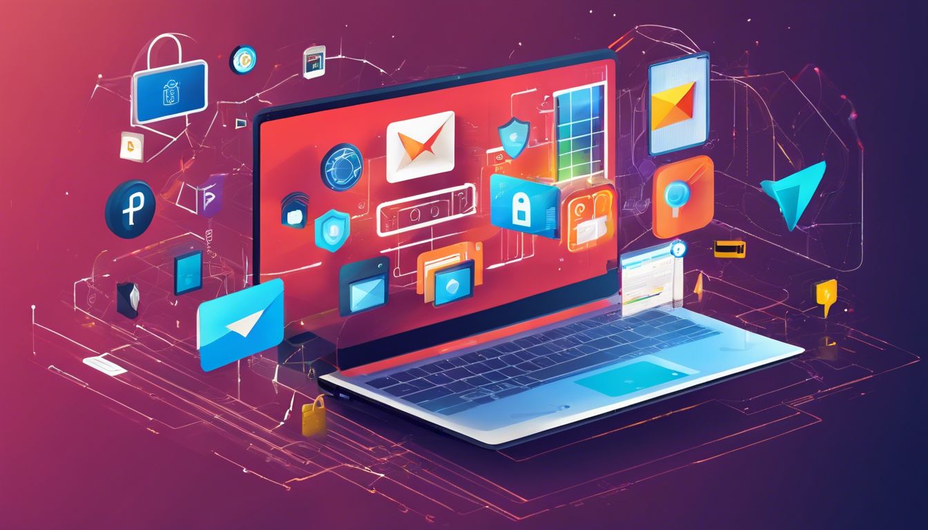 Een laptop met meerdere open browser vensters, omringd door digitale beveiliging pictogrammen en luchtfoto's, benadrukt technologische verfijning en beveiliging.