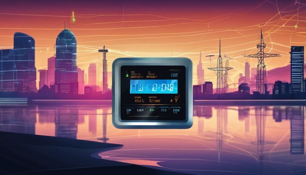 Een slimme meterdisplay in een moderne energiebeheer faciliteit in een bruisende stedelijke omgeving.