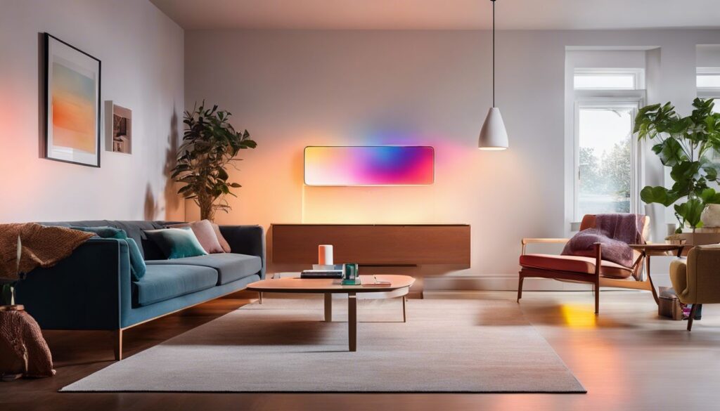 Een verscheidenheid aan slimme verlichtingssystemen van Philips Hue in een modern woonkamerinterieur.