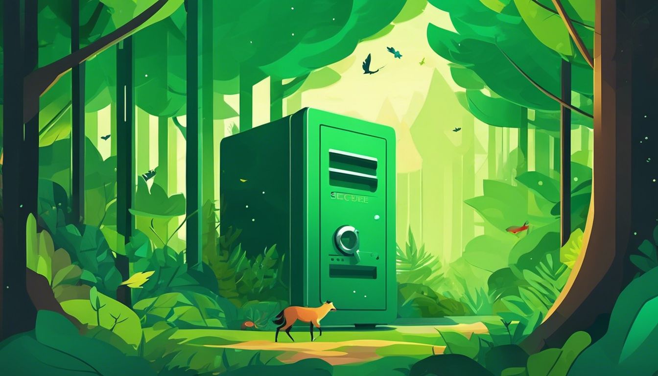 Een digitale kluis in een weelderig bos met natuurlijke elementen.