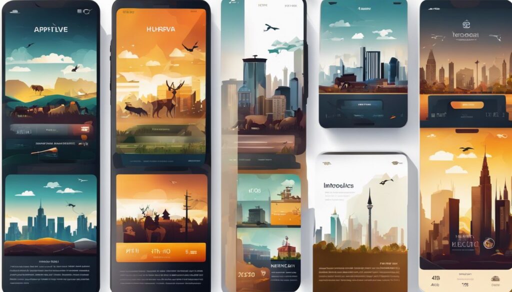 Een verscheidenheid aan smartphones met jachtspelapp-interfaces en stadslandschapsfotografie.