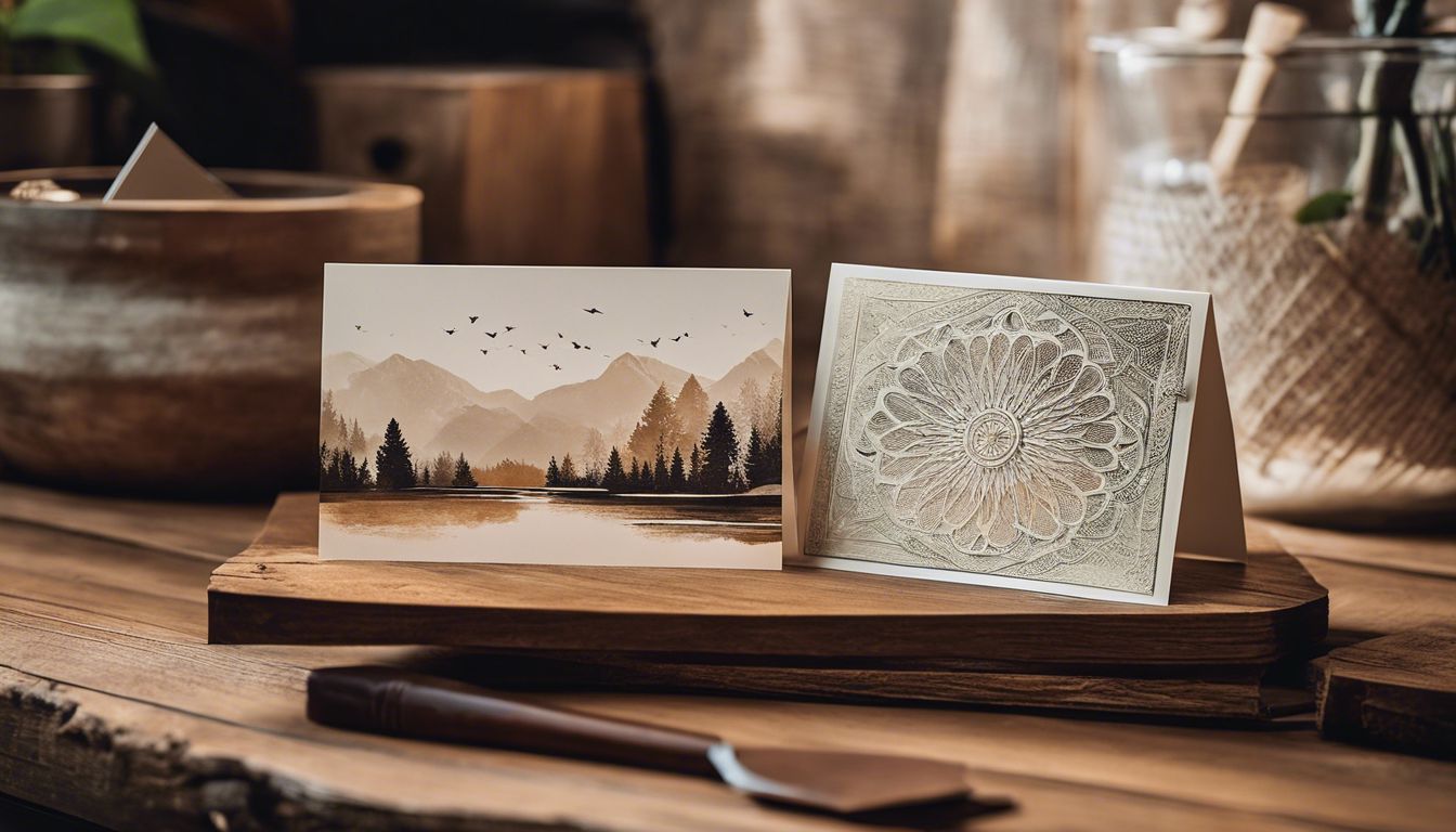 Een verzameling elegant ontworpen wenskaarten op een rustieke houten tafel. Een verzameling elegant ontworpen wenskaarten op een rustieke houten tafel.