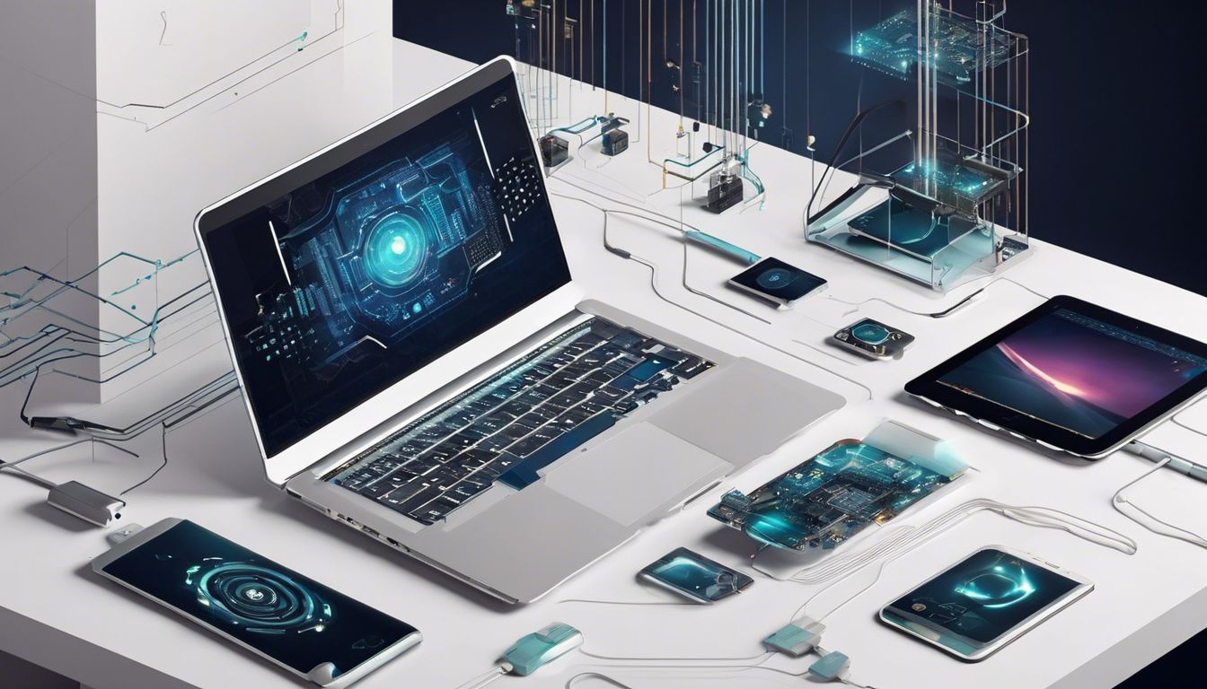 Een combinatie van onderling verbonden technologische apparaten omgeven door innovatieve design elementen en futuristische luchtfotografie, gericht op strakke metalen oppervlakken en complexe schakelingen.