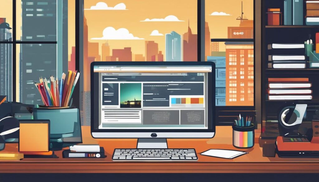 Een computerbureaublad met verschillende website-opties en kantoorbenodigdheden.