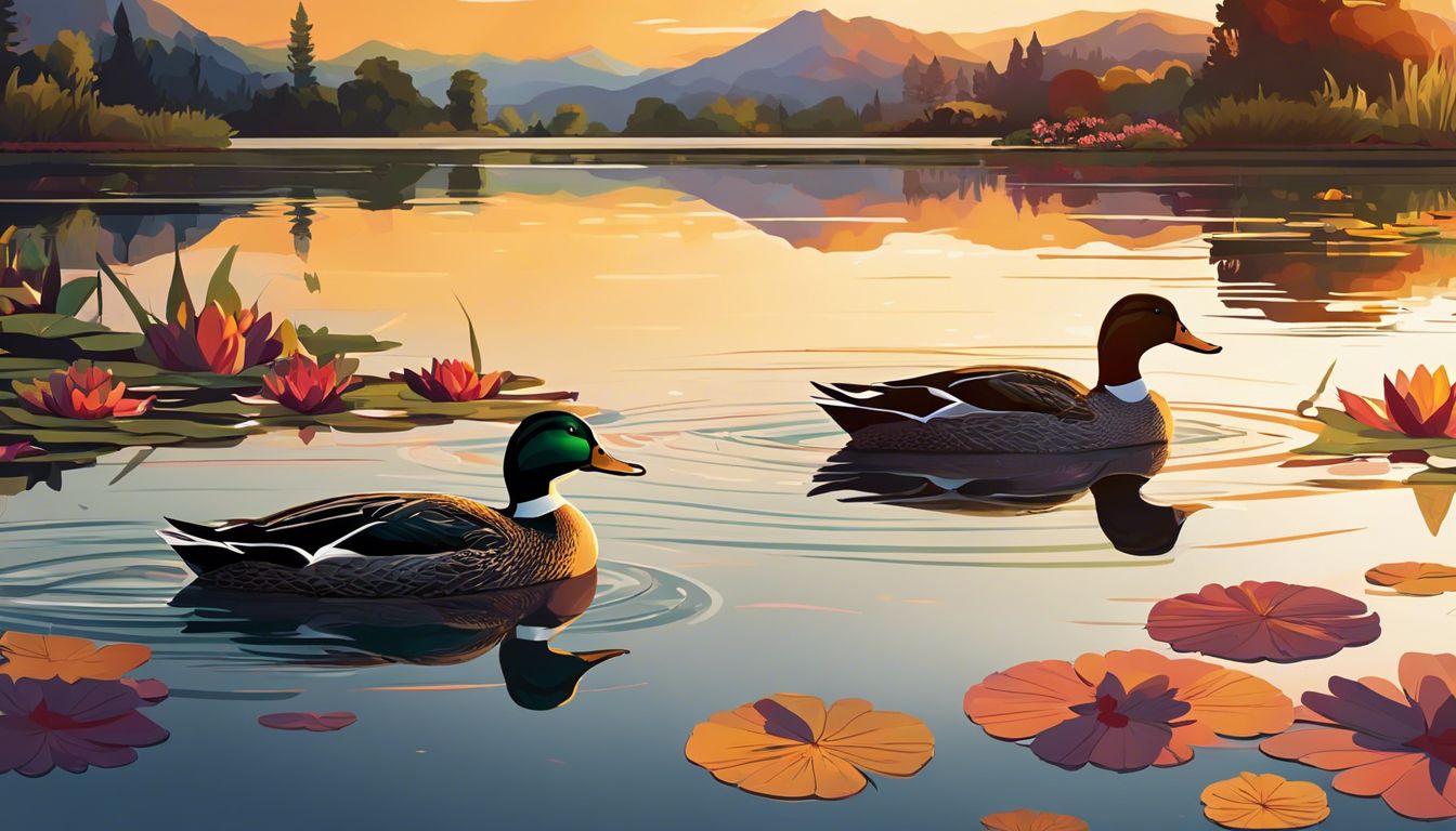 Een familie eenden zwemt in een serene vijver met waterlelies.