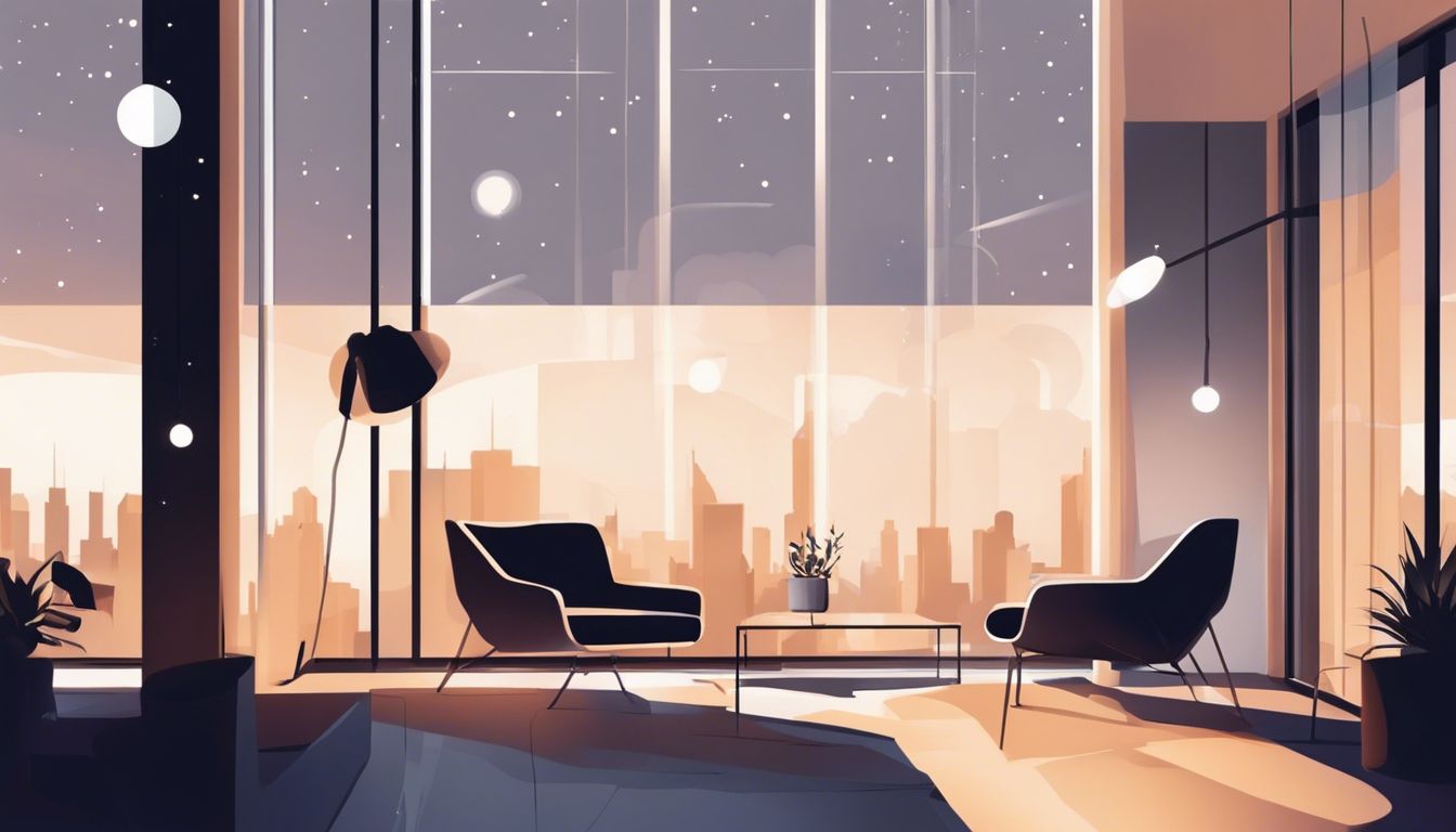 Moderne woonkamer met stadsgezicht op canvas aan de muur.