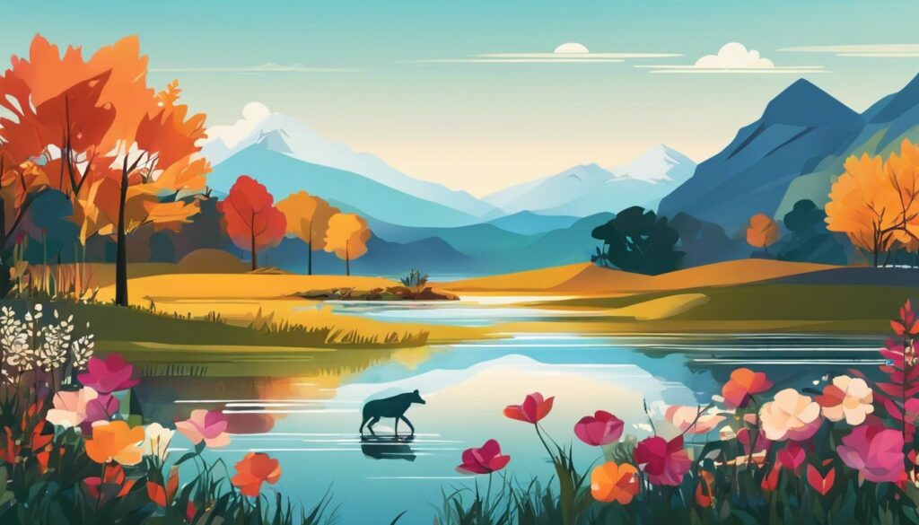 Een schilderachtig landschap met levendige kleuren en gedetailleerde natuur.