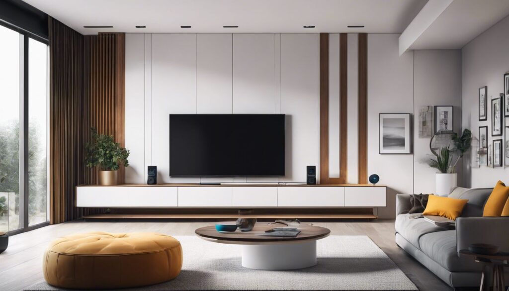 Een strakke, moderne home entertainment setup met verschillende alternatieve afstandsbedieningsopties, luchtfotografie die de hele kamer vastlegt, benadrukkend de technologie en ontwerp, heldere en levendige omgeving.