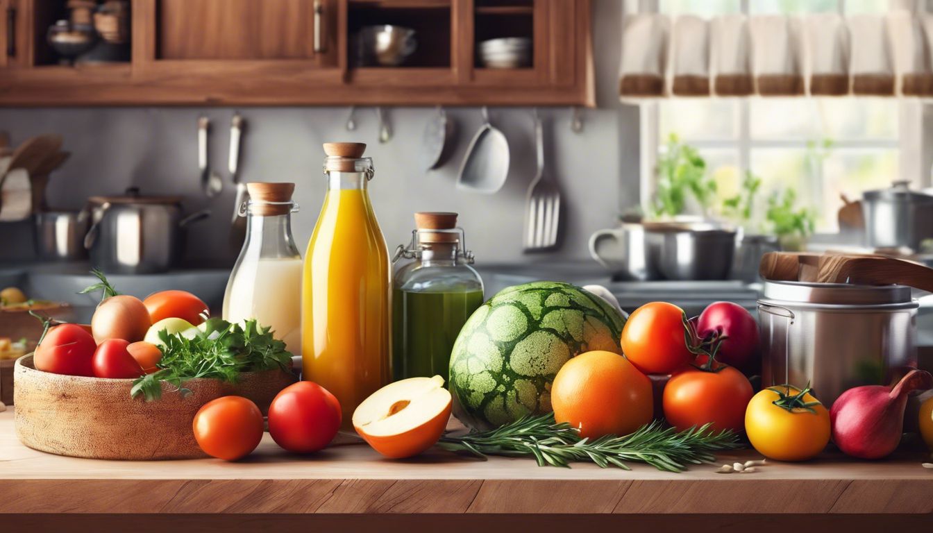 Een verscheidenheid aan kleurrijke ingrediënten en receptkaarten op een keukenaanrecht in een rustieke omgeving.