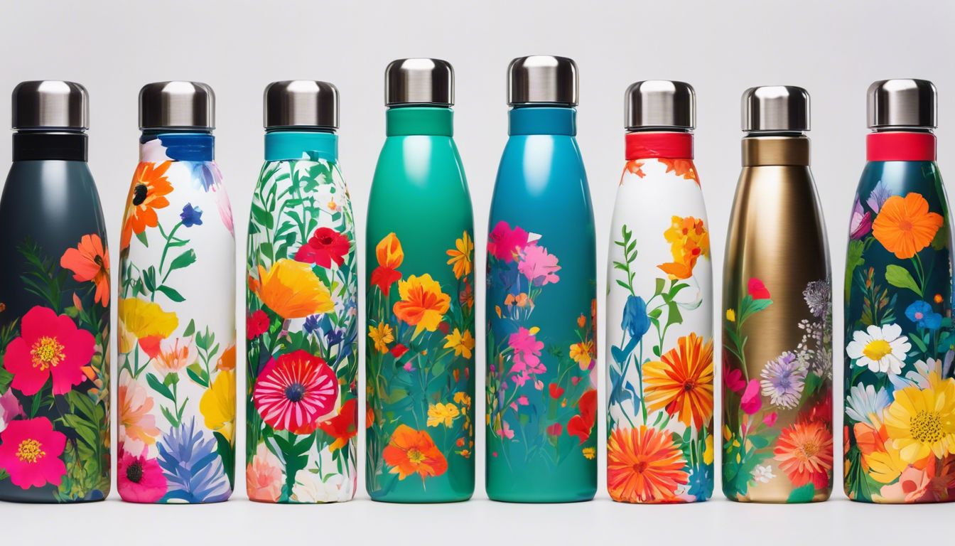 Een roestvrijstalen Mizu-fles omringd door wilde bloemen in levendige kleuren.
