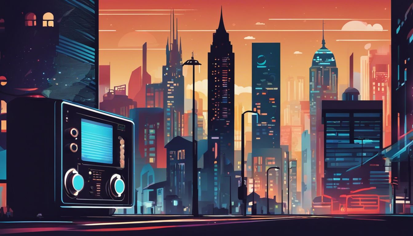 Moderne digitale mediaspeler en traditionele radiouitrusting in stadsgezicht.