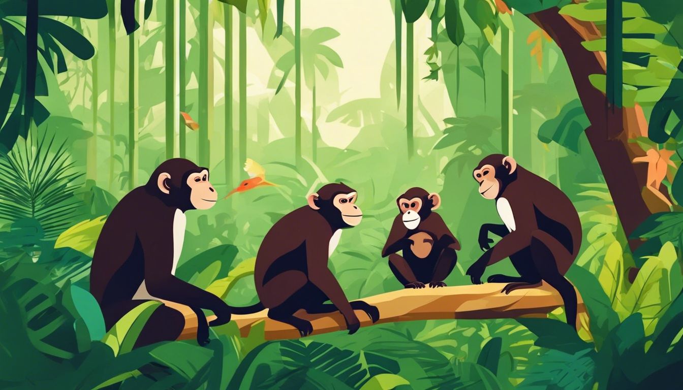 Een groep speelse apen in een dicht oerwoud.