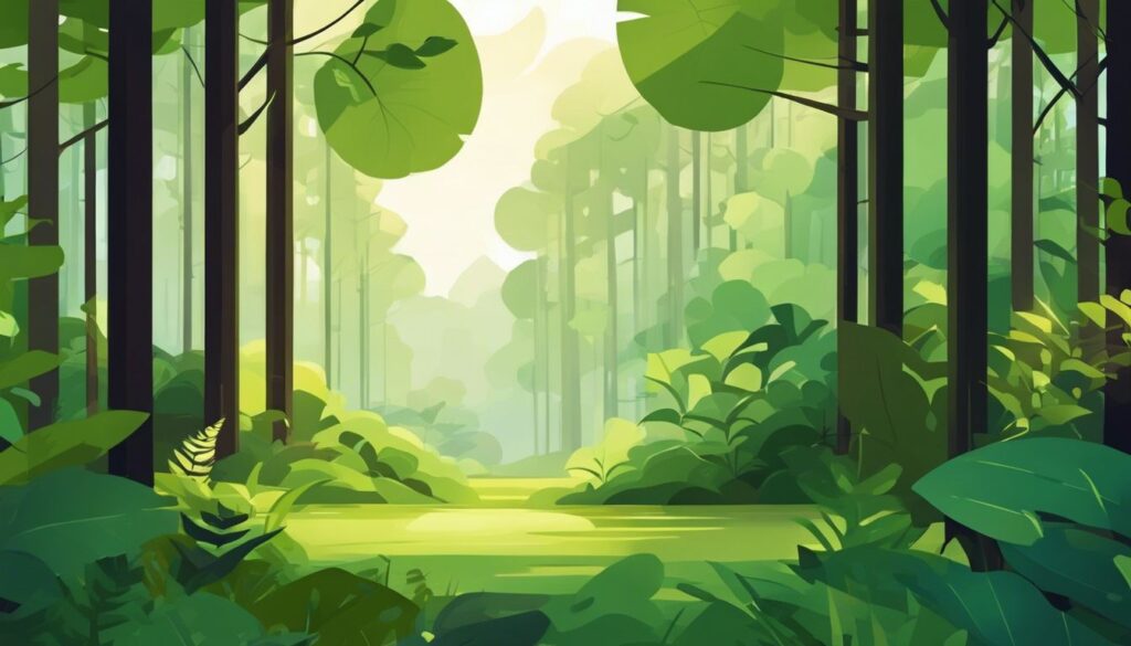 Een serene bos met een ademhalingsoefeningstool tussen de bomen.