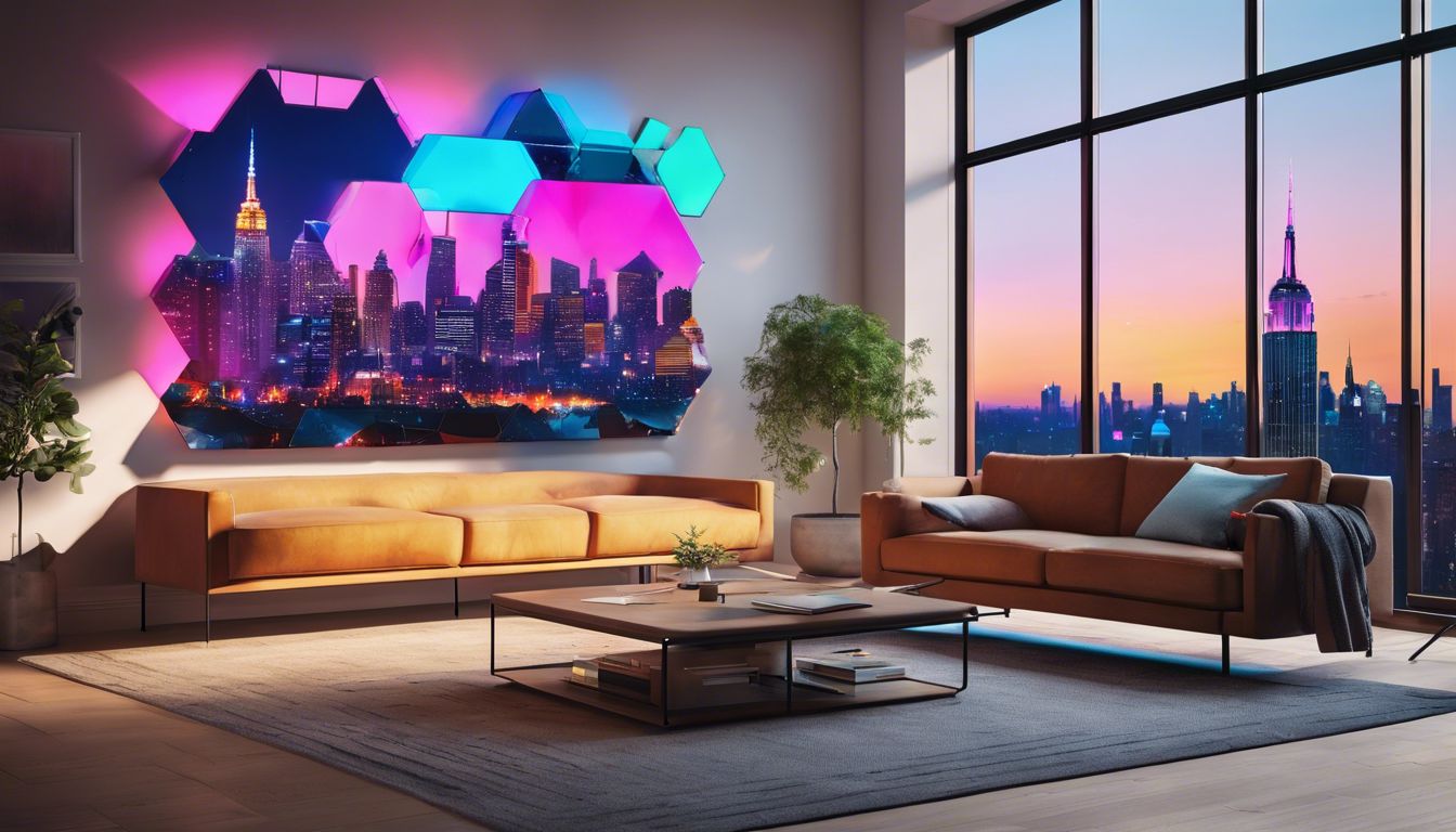 Moderne woonkamer met kleurrijke Nanoleaf lichtpanelen en stadfoto.