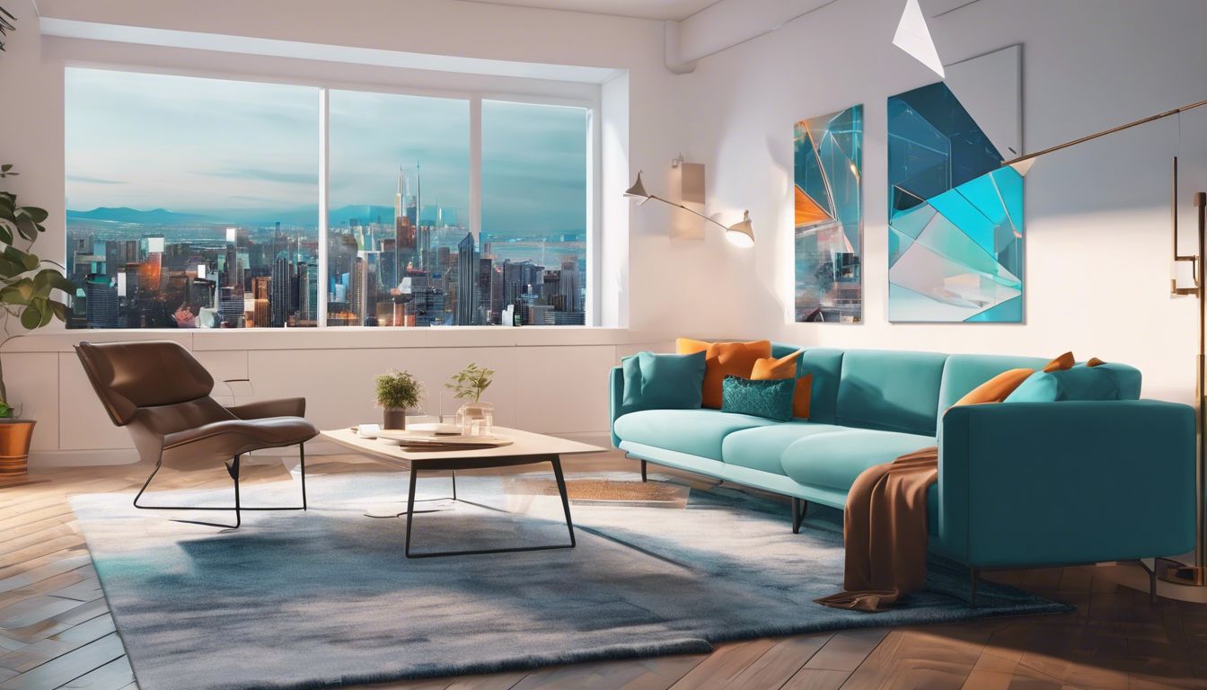 Een moderne en gezellige woonkamer met stedelijke fotokunst.