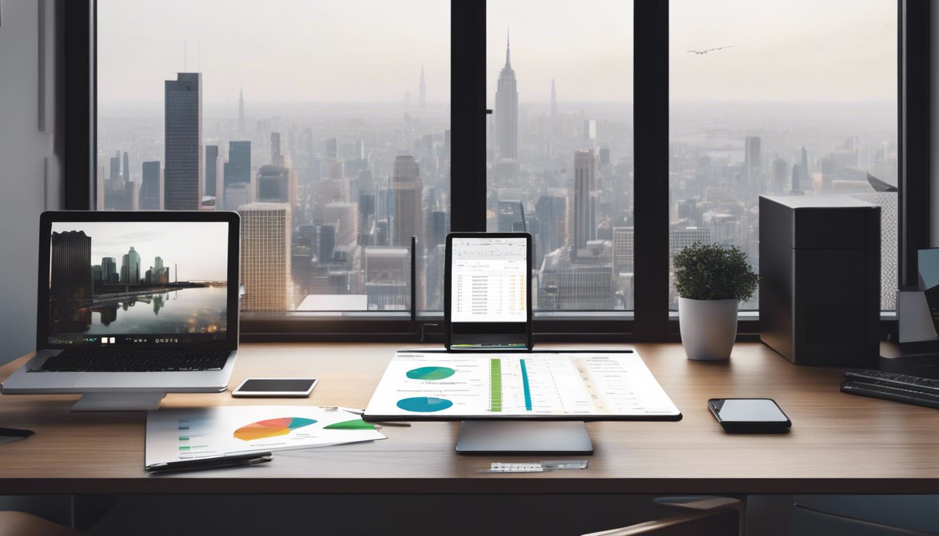 Een opgeruimd bureau met iPad en stadsgezicht fotografie aan de muur.