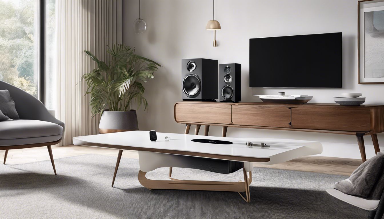 Een apparaat van de Octavio Stream verbonden met een hoogwaardige speaker in een modern woonkamerontwerp.