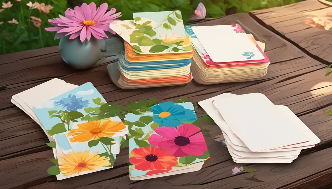 Een stapel kleurrijke flitskaarten verspreid op een picknicktafel in een rustige tuin.