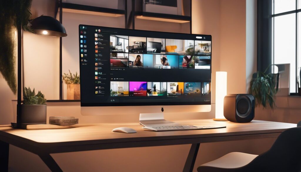 Een modern thuiskantoor met een computer die verschillende videochat-sites weergeeft.